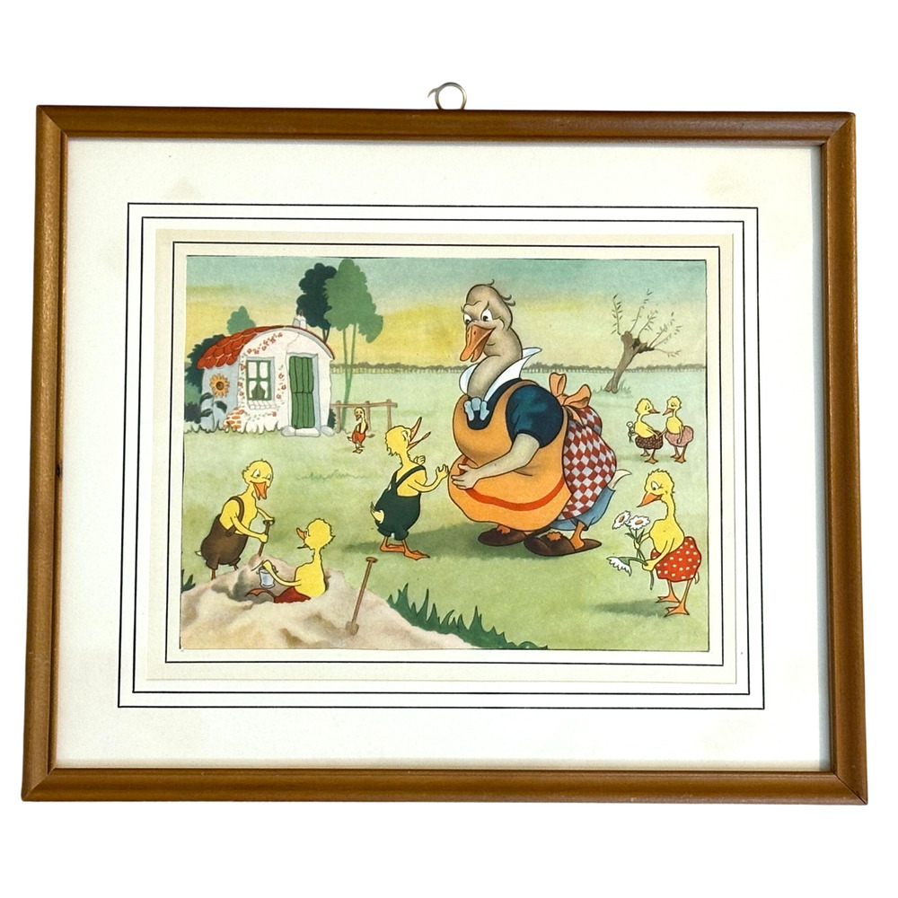 Vtg Illustration Duck Kwik en Kwak van Hunnik Dutch Childrens Book Matted Framed